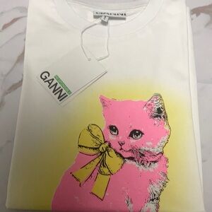 Ganni White Pink Kitten Drippy logo T-shirt NWT Designer street style size Large